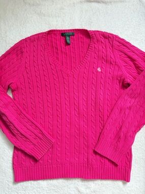 Lauren Ralph Lauren Cotton V-neck Cable Knit Bright Hot Pink Sweater